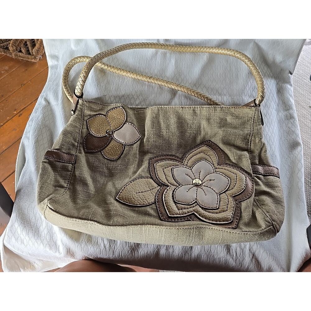 Relic Purse Beige Canvas Tea Rose Appliqué Double Shoulder Strap Hobo Handbag - Picture 7 of 11